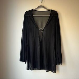 Black Sheer Mesh Swim Cover Up Top L | Deep V O-Ring Resort Beach Tunic Blouse